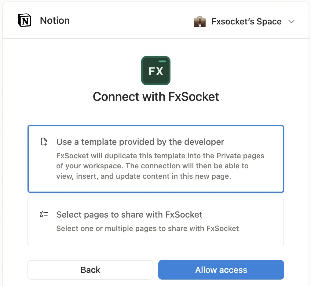 Notion's connection screen with the option Use a template provided by the developer selected