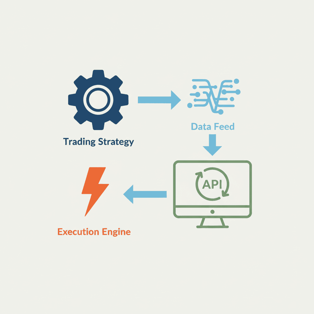 Components of an algorithmic trading system: trading strategy, data feed, API, and execution engine