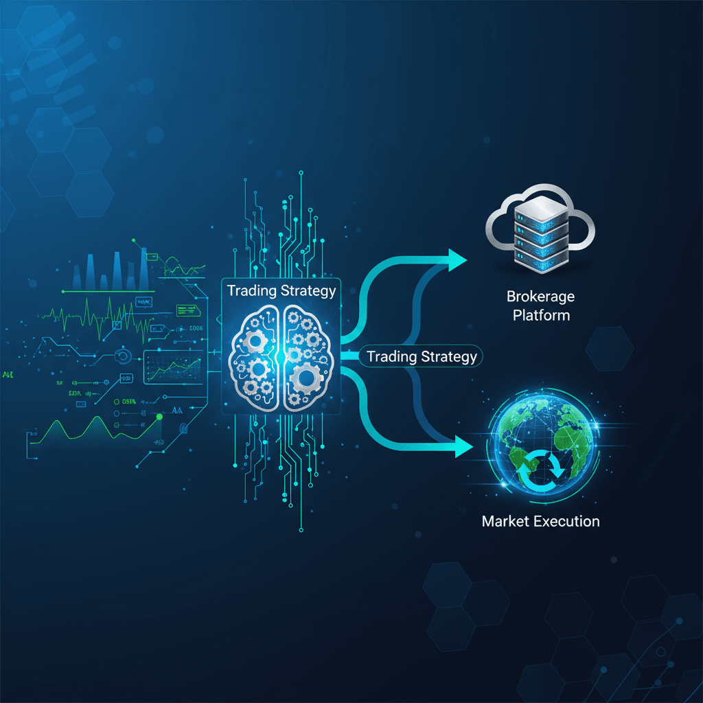 Algorithmic trading system flow: trading strategy connects to brokerage platform and market execution